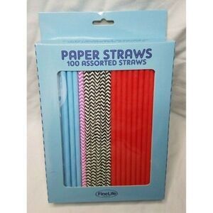 Fine Life Paper Drinking Straws 100 Count Assorted Colors Single Use 7 3/4" Long